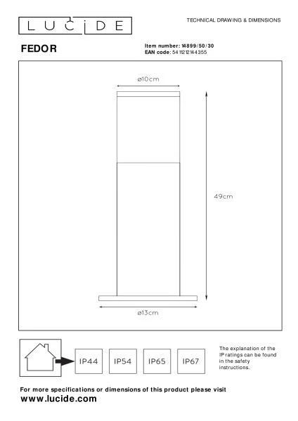 Lucide FEDOR - Bollard light - 1xE27 - IP44 - Black - technical